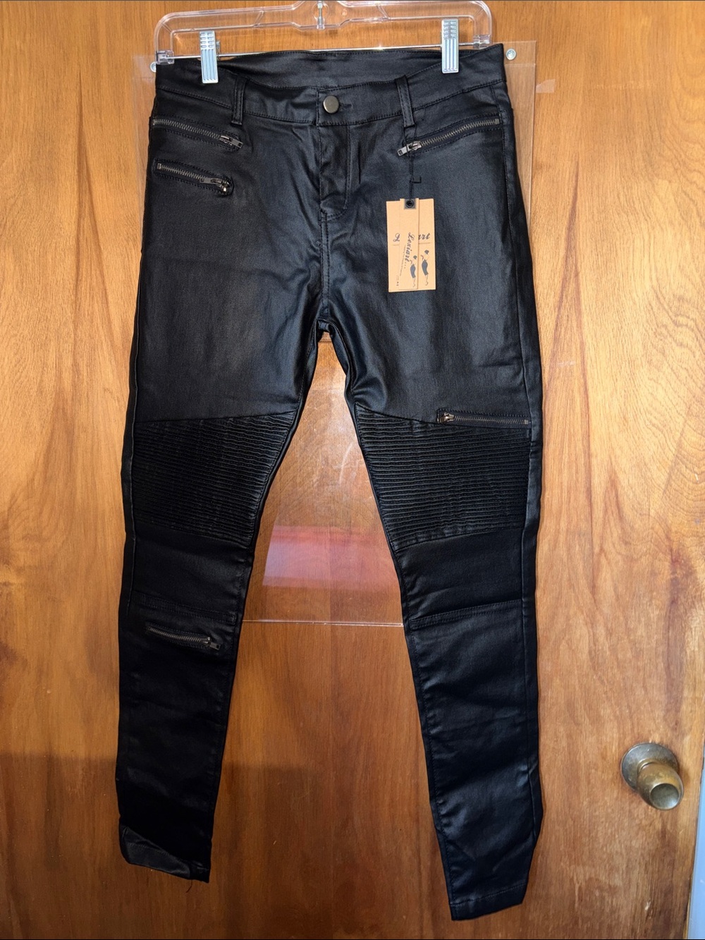 Lexiart Women’s Black Faux Leather Skinny Moto Jeans